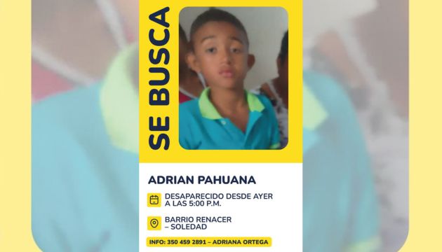 Adrian Pahuana, niño de 9 años desaparecido en Soledad